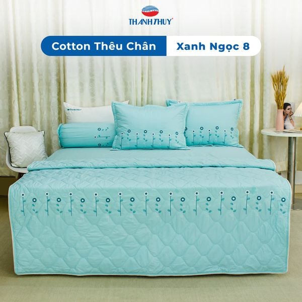  Chăn Lẻ Cotton Thêu Chân Màu Xanh Ngọc (8) 