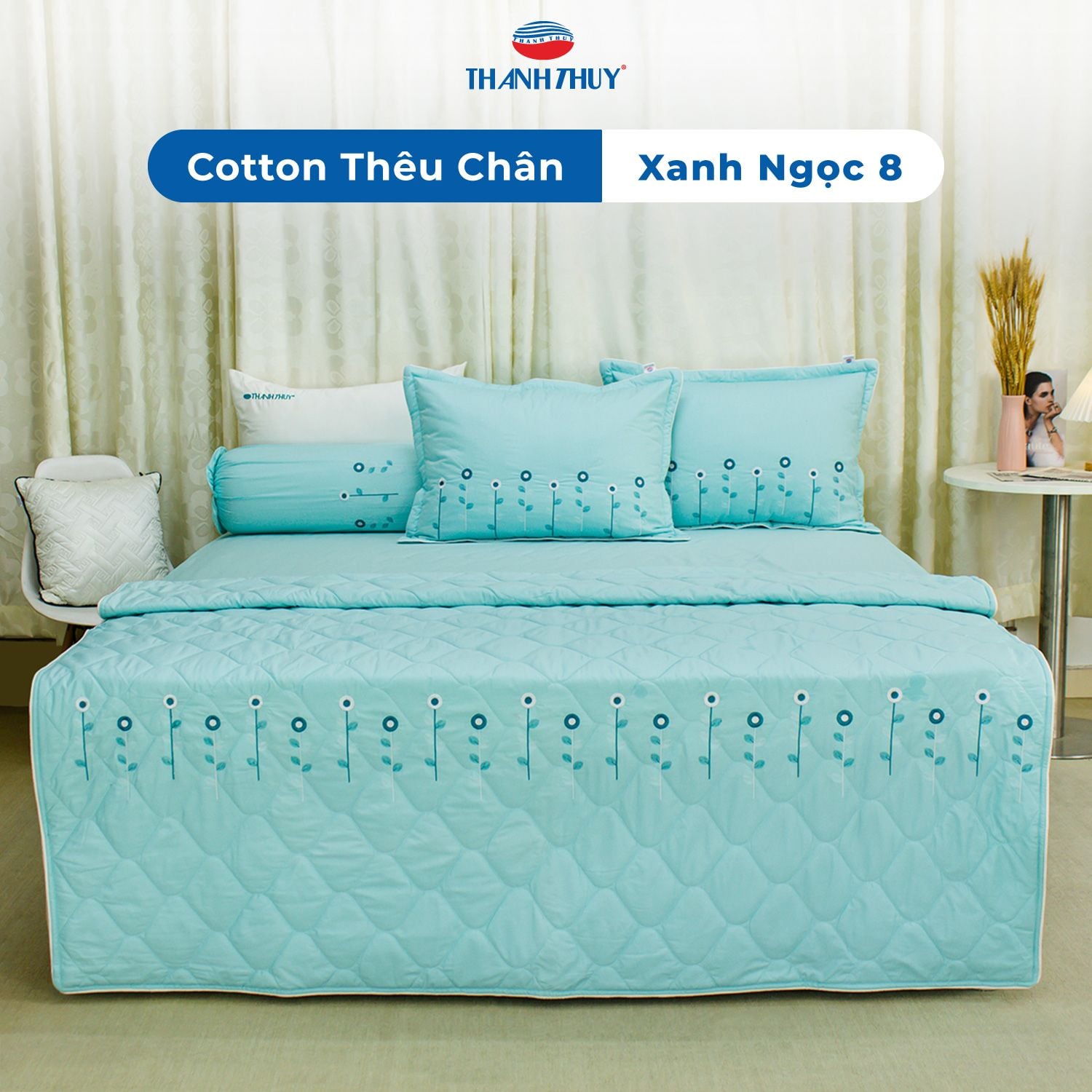  Chăn Lẻ Cotton Thêu Chân Màu Xanh Ngọc (8) 