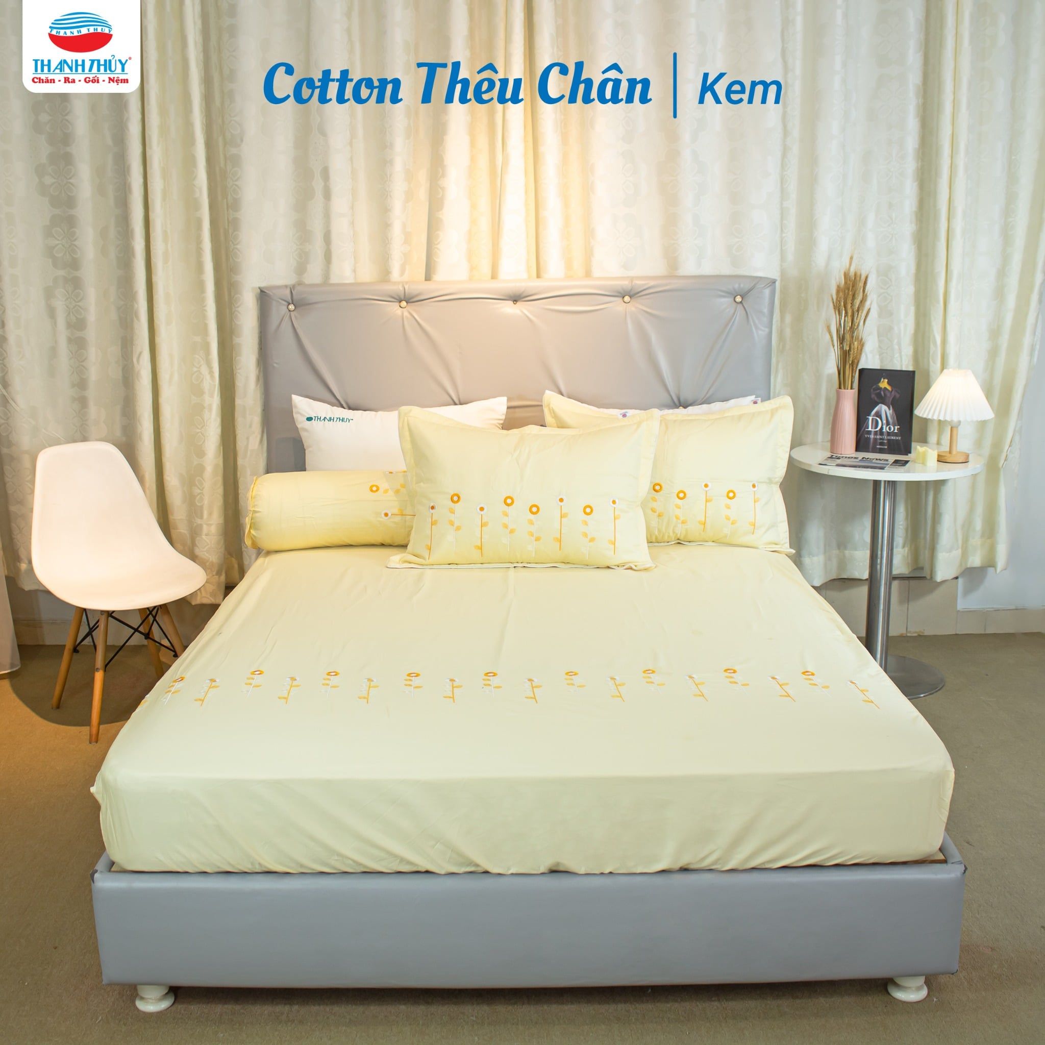  Bộ Ga Bọc Cotton Thêu Chân Màu Kem (NS) 