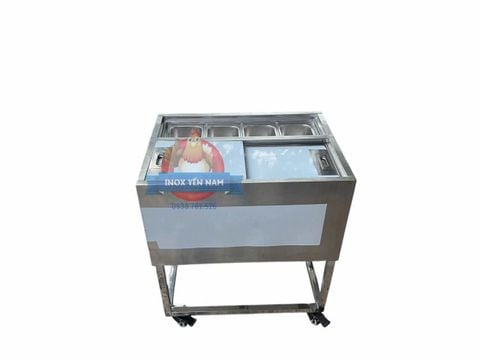  Thùng đá inox 4 khay topping có chân bánh xe 