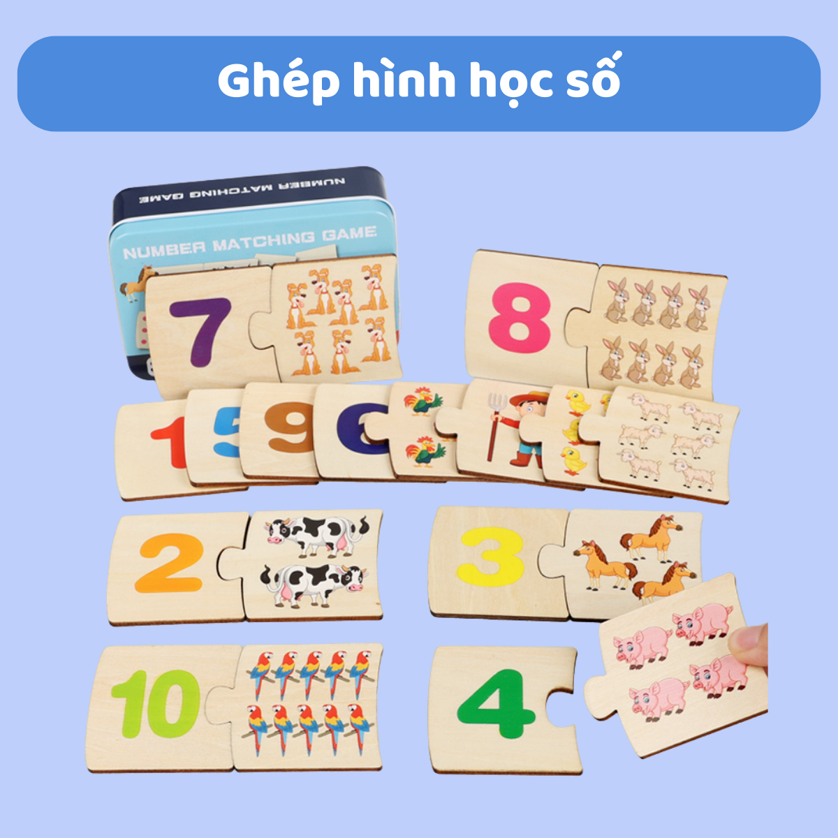  Đồ chơi gỗ ghép hình học số Number matching game, giúp bé học đếm thông qua hình ảnh 