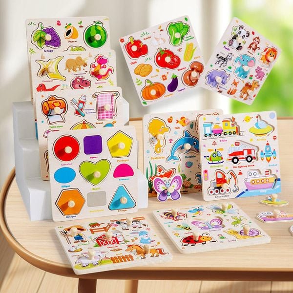  Bảng Ghép Hình Núm Gỗ Giáo Dục Sớm nhiều chủ đề size vuông 