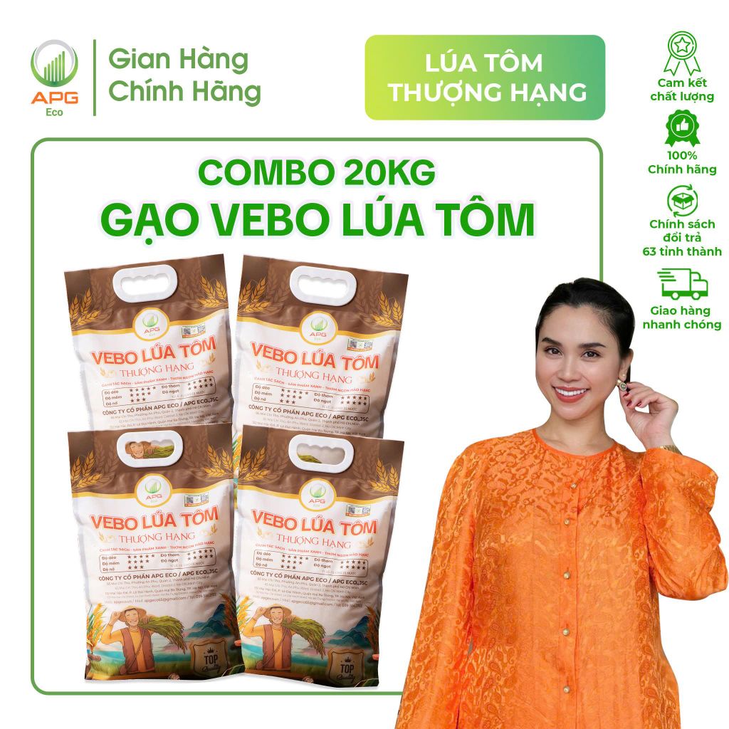 Combo 4 Bao Gạo VEBO Lúa Tôm APG ECO Thương Hạng Hữu Cơ, Mềm, Dẻo (thực nhận 20kg)