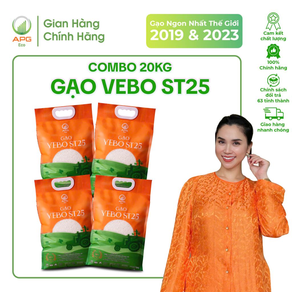 Combo 4 túi  gạo Vebo ST25, hữu cơ, thượng hạng (thực nhận 20kg)