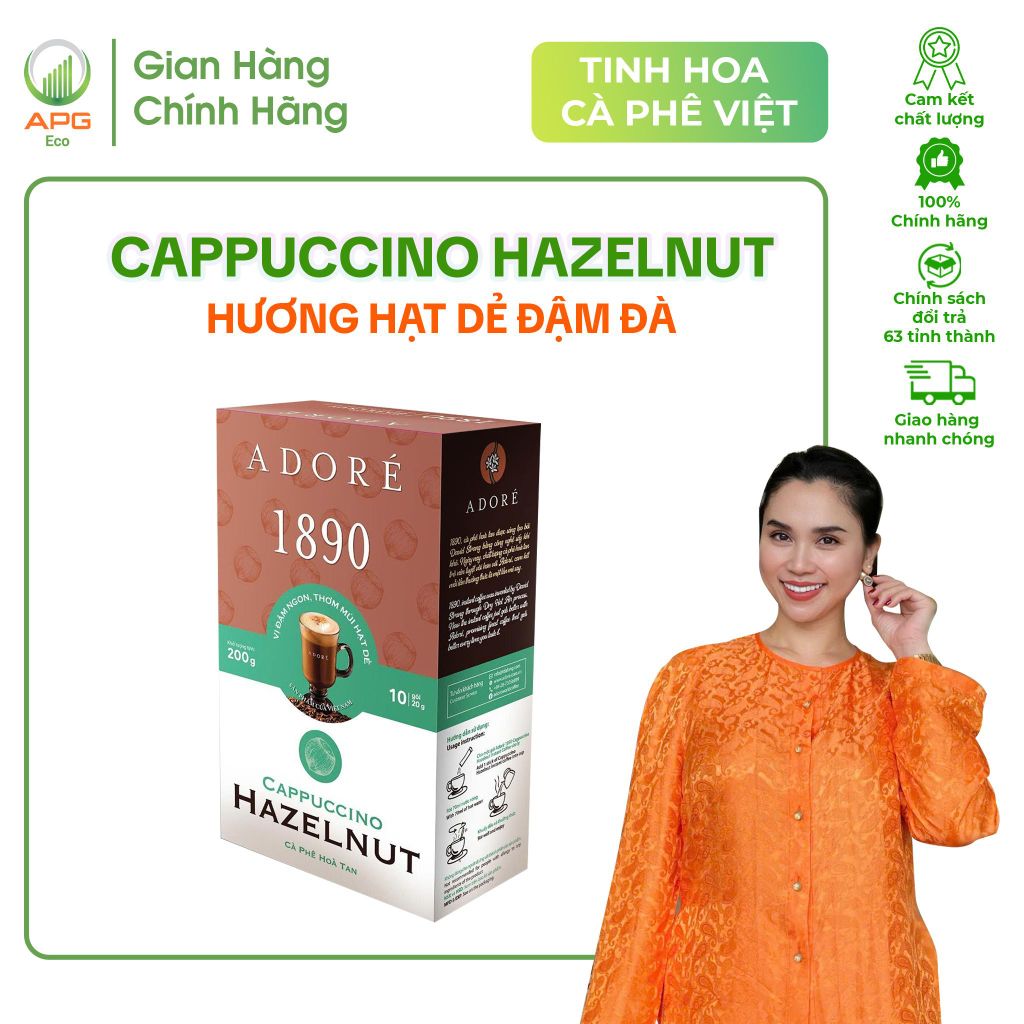 Cà Phê Hòa Tan ADORÉ 1890 Cappuccino Hazelnut Hương Hạt Dẻ Vị Đậm Đà Thơm Ngon Hộp 200g (10 gói x 20g)