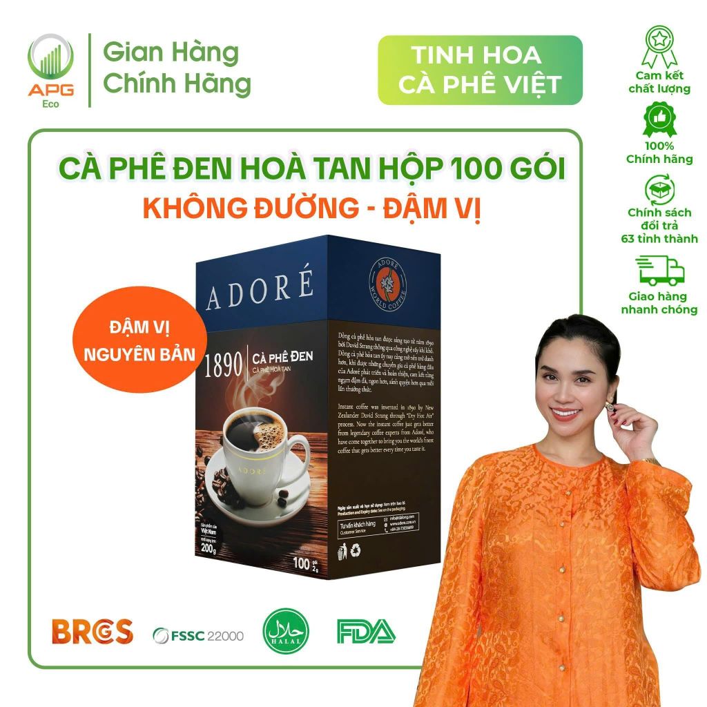 Hộp Cà Phê Đen Hoà Tan ADORÉ 1890 Cà Phê Đen Không Đường Đậm Vị Giúp Tỉnh Táo, Hộp 100 Gói (100 Gói x 2g)