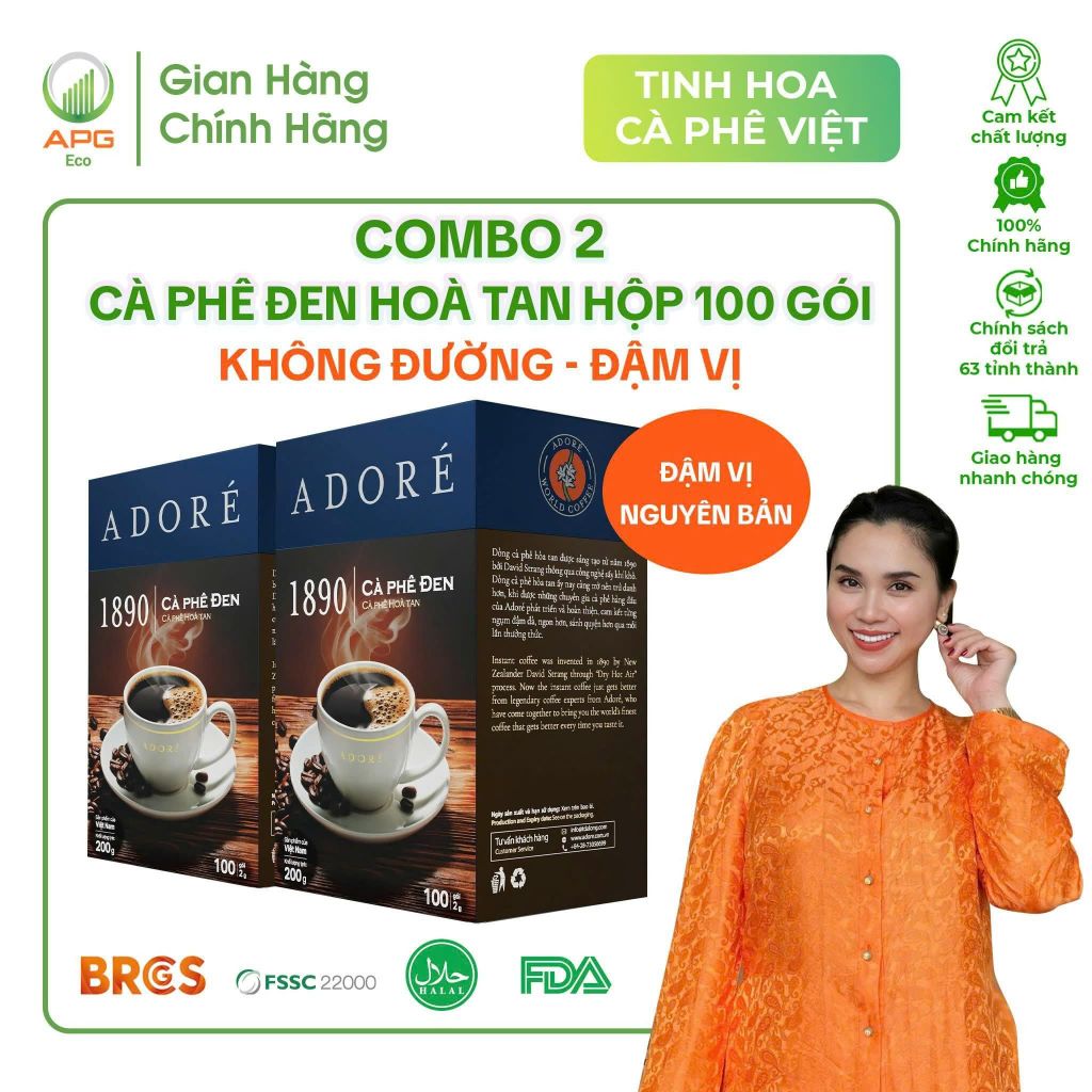 Combo 2 Hộp Cà Phê Đen Hoà Tan ADORÉ 1890 Cà Phê Đen Không Đường Đậm Vị Giúp Tỉnh Táo, Hộp 100 Gói (100 Gói x 2g)