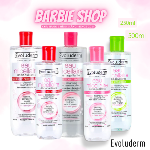 Nước Tẩy Trang Evoluderm Eau Micellaire 250ml - 500ml ( Hồng , Xanh Lá, Đỏ )