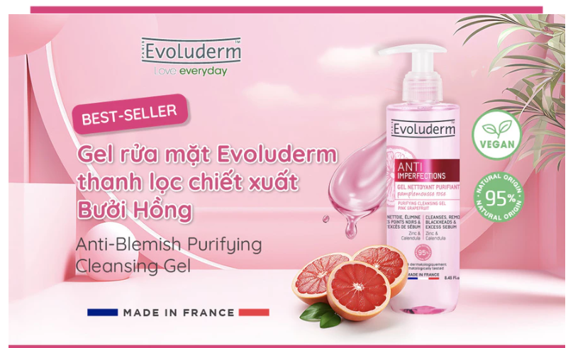 Gel rửa mặt Evoluderm Anti Imperfections Purifying Cleansing Gel Pink Grapefruit ZinC & Calendula 250ml