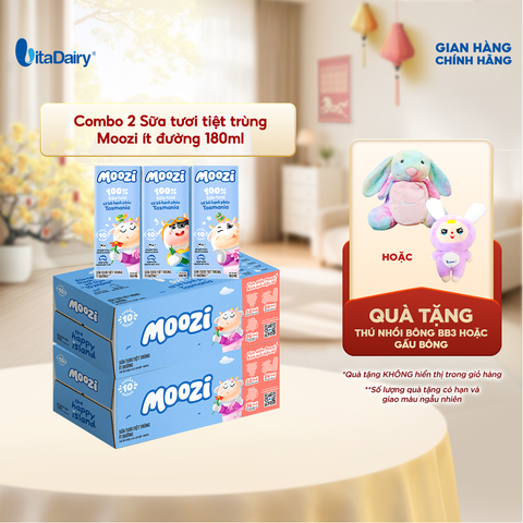  Combo 2 Thùng sữa tươi tiệt trùng Moozi ít đường 180ml - Thùng 24 hộp 