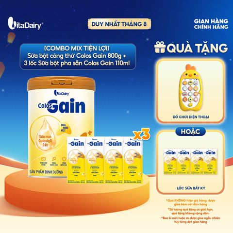  [COMBO MIX] Sữa bột Colos Gain 1+ 800g + 3 Lốc 180ml - Bổ sung dinh dưỡng, hỗ trợ tăng cân – Lon 800g 