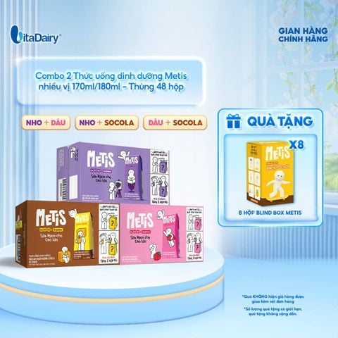  [COMBO MIX] Thức uống dinh dưỡng Metis hương Nho và Dâu và Socola 180ml - Thơm ngon dễ uống, Bé thích mê 