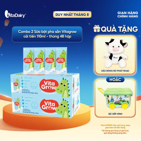  [COMBO 2 THÙNG 48 HỘP] Sữa uống dinh dưỡng Vitagrow cải tiến 110ml - Bổ sung năng lượng, Thơm ngon dễ uống, Bé thích mê 