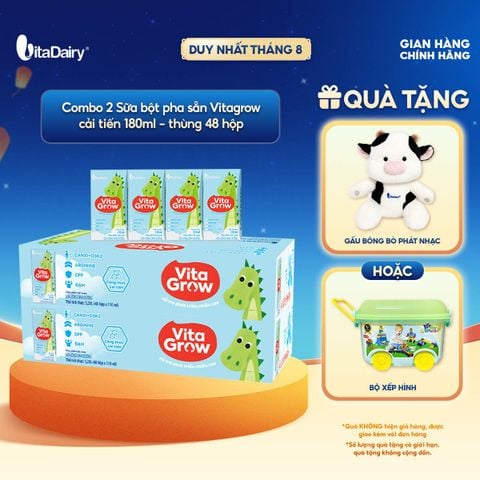  [COMBO 2 THÙNG 48 HỘP] Sữa uống dinh dưỡng Vitagrow cải tiến 180ml - Bổ sung năng lượng, Thơm ngon dễ uống, Bé thích mê 