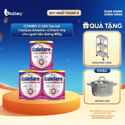  [COMBO 3 LON] Sữa bột CaloSure America+ vị thanh nhẹ - Giúp tiêu hoá khoẻ, hỗ trợ xương khớp - Lon 800g 