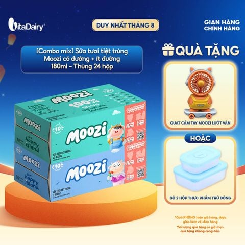  [COMBO MIX 2 THÙNG] Sữa tươi tiệt trùng Moozi ít đường + có đường 180ml - Thùng 24 hộp 