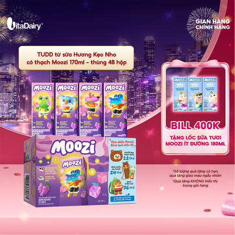  Thức uống dinh dưỡng từ sữa Hương Kẹo Nho có thạch Moozi 170ml - Thùng 48 hộp 