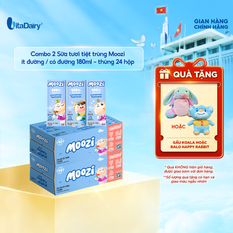  Combo 2 Thùng sữa tươi tiệt trùng Moozi ít đường 180ml - Thùng 24 hộp 
