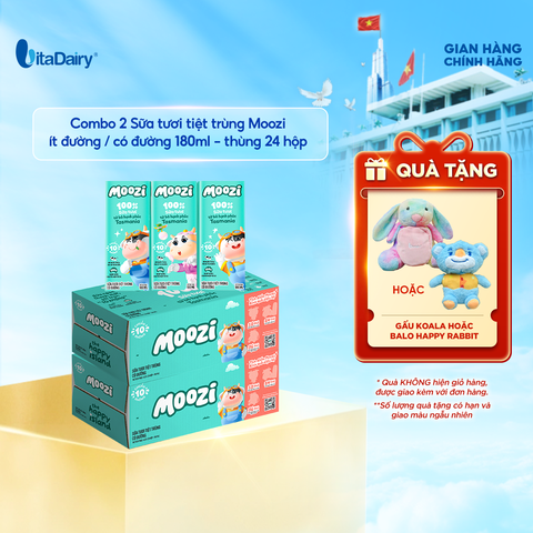  Combo 2 Thùng sữa tươi tiệt trùng Moozi có đường 180ml - Thùng 24 hộp 