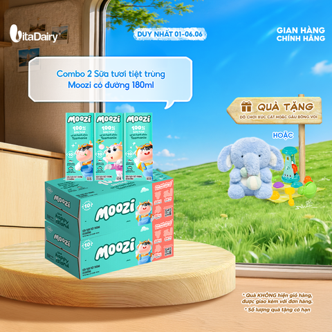  Combo 2 Thùng sữa tươi tiệt trùng Moozi có đường 180ml - Thùng 24 hộp 