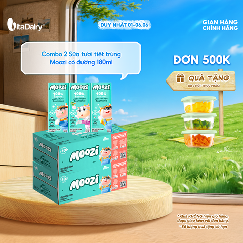  Combo 2 Thùng sữa tươi tiệt trùng Moozi có đường 180ml - Thùng 24 hộp 