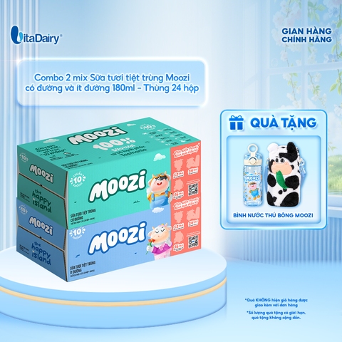  [COMBO MIX 2 THÙNG] Sữa tươi tiệt trùng Moozi ít đường + có đường 180ml - Thùng 24 hộp 
