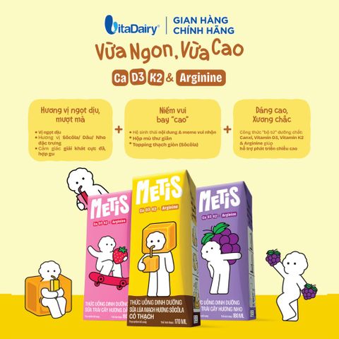  [TRIAL 3 LỐC] Thức uống dinh dưỡng Metis hương Nho và Dâu và Socola 180ml - Thơm ngon dễ uống, Bé thích mê 