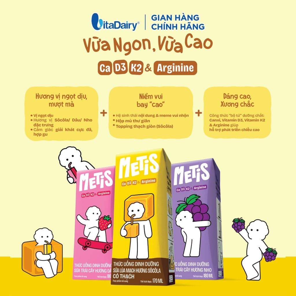  [TRIAL 3 LỐC] Thức uống dinh dưỡng Metis hương Nho và Dâu và Socola 180ml - Thơm ngon dễ uống, Bé thích mê 