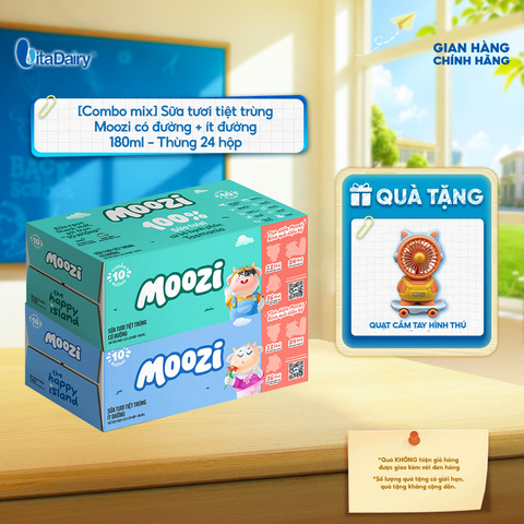  [COMBO MIX 2 THÙNG] Sữa tươi tiệt trùng Moozi ít đường + có đường 180ml - Thùng 24 hộp 