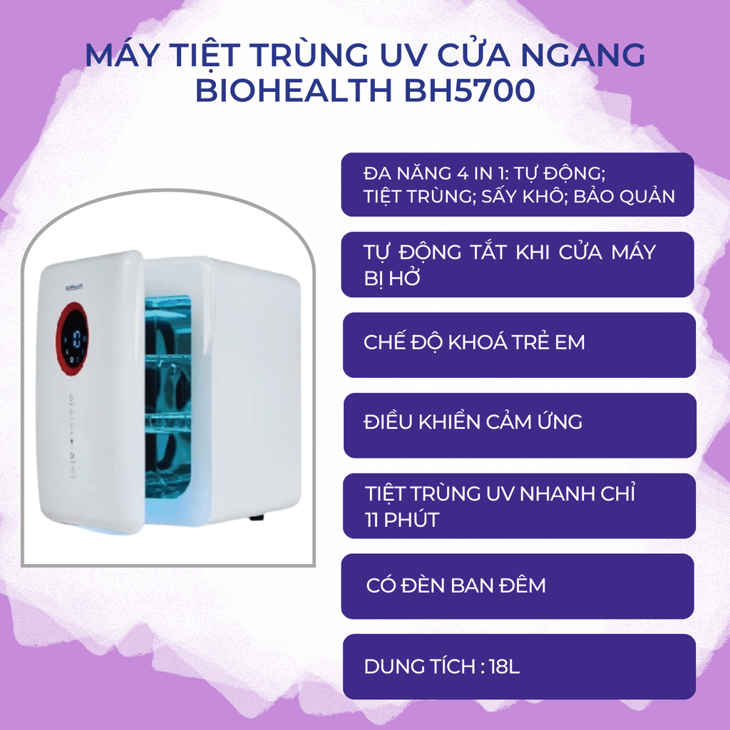 Máy Tiệt Trùng  UV  Cao Cấp Cửa Trên 18L BH5700, Sấy Khô, Tiệt Trùng UV, Bảo Quản