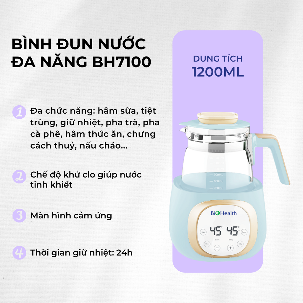 Bình đun nước nóng đa năng Biohealth BioHealth BH7100, giữ ấm 24h, khử clo, tiện lợi cho mẹ và bé