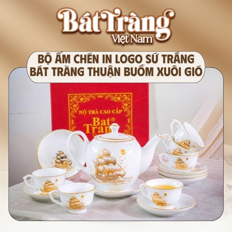 Bộ ấm chén in logo sứ trắng Bát Tràng họa tiết thuận buồm xuôi gió BT-QT14