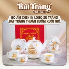 Bộ ấm chén in logo sứ trắng Bát Tràng họa tiết thuận buồm xuôi gió BT-QT14