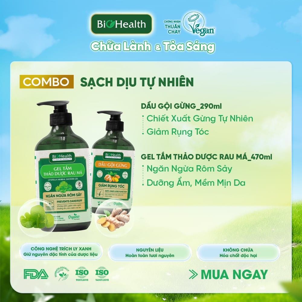 Combo Dầu Gội Gừng 290ml & Gel Tắm Thảo Dược Rau Má 470ml BioHealth