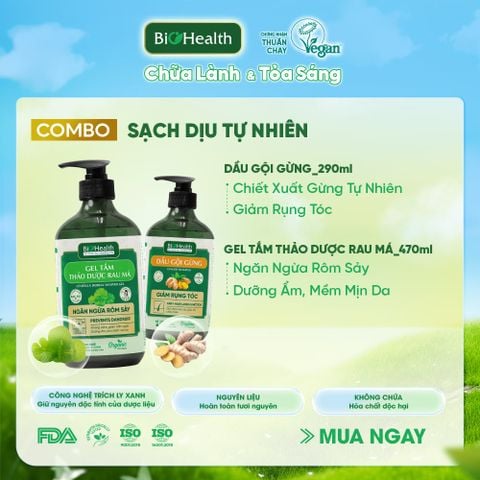 Combo Dầu Gội Gừng 290ml & Gel Tắm Thảo Dược Rau Má 470ml BioHealth