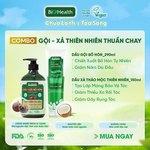 Combo Gội Xả Giảm Nấm & Giảm Rụng BioHealth (Dầu Gội Bồ Hòn 290ml + Dầu Xả Thảo Mộc 150ml)