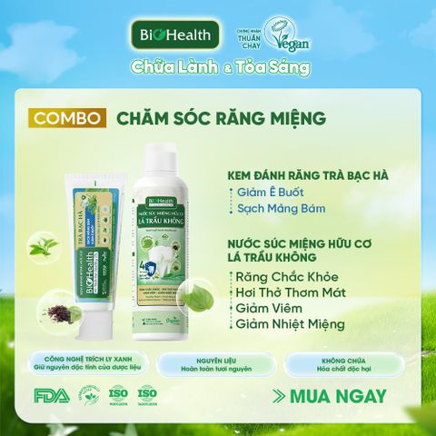 Combo chăm sóc răng miệng Biohealth Cho Răng Yếu, Hay Ê Buốt – Sạch Mảng Bám – Thơm Mát Lâu – hỗ trợ Kháng Viêm Tự Nhiên Nhờ Trà Bạc Hà và Lá Trầu Không (KĐR Trà Bạc Hà 70g + Nước súc miệng Lá Trầu Không 250ml)