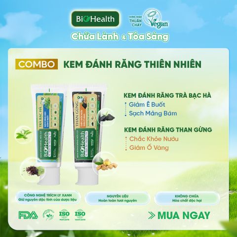 Combo Chăm Sóc Răng Miệng Thiên Nhiên BioHealth (KĐR Than Gừng 70g + Nước súc miệng Lá trầu không 250ml)