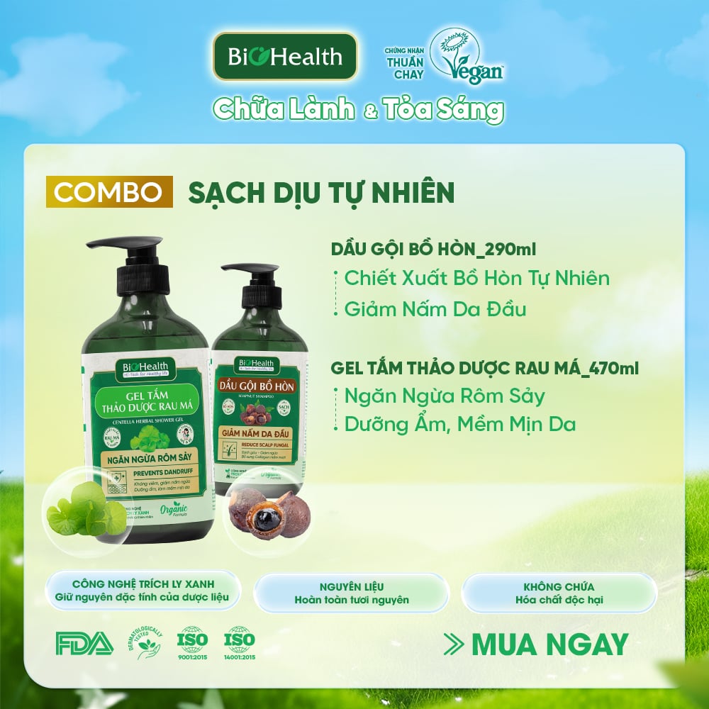 Combo Dầu Gội Bồ Hòn 290ml & Gel Tắm Rau Má 470ml BioHealth