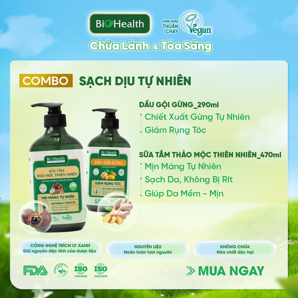 Combo Dầu Gội Gừng 290ml & Sữa Tắm Thảo Mộc Thiên Nhiên 470ml BioHealth