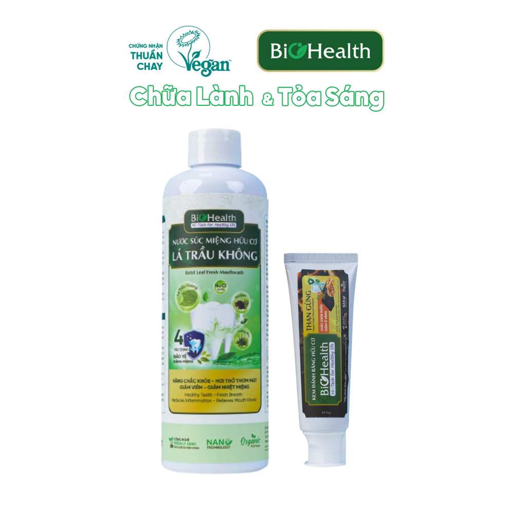 Combo Chăm Sóc Răng Miệng Thiên Nhiên BioHealth (KĐR Than Gừng 70g + Nước súc miệng Lá trầu không 250ml)