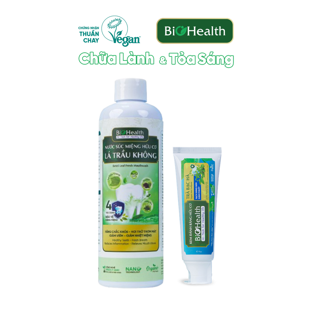 Combo chăm sóc răng miệng Biohealth Cho Răng Yếu, Hay Ê Buốt – Sạch Mảng Bám – Thơm Mát Lâu – hỗ trợ Kháng Viêm Tự Nhiên Nhờ Trà Bạc Hà và Lá Trầu Không (KĐR Trà Bạc Hà 70g + Nước súc miệng Lá Trầu Không 250ml)