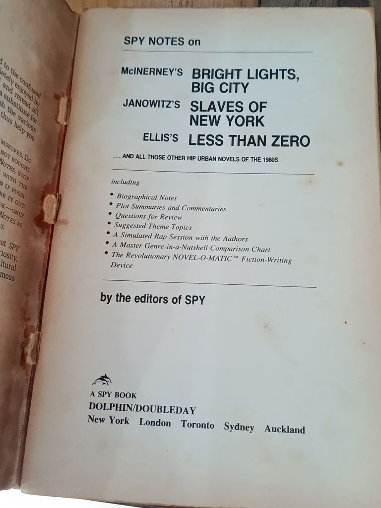  Spy Notes On Bright Lights, Big City Slaves Of New York Less Than Zero... And All Those Other Hip Urban Novels Of The 1980S 