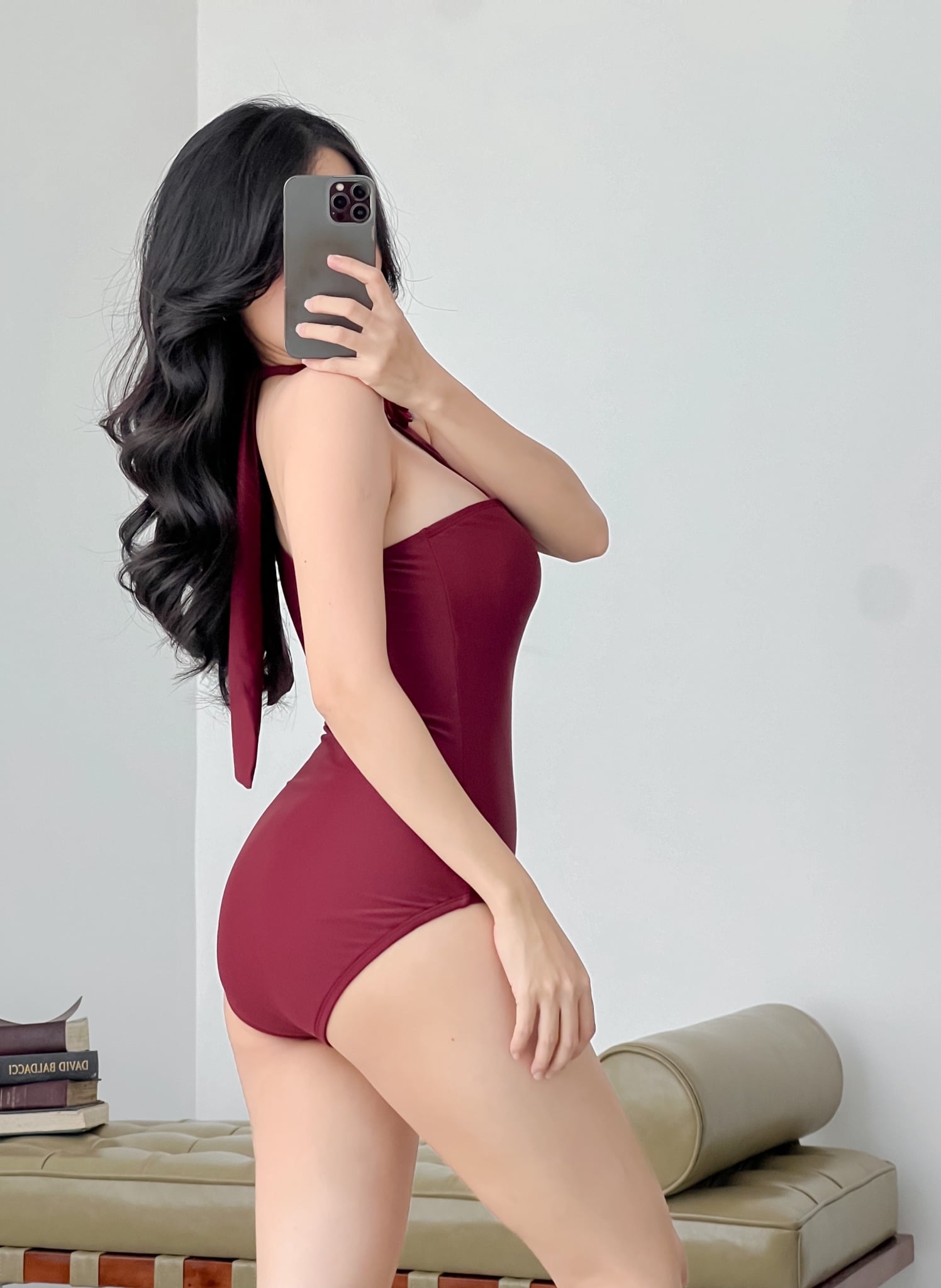 KELIA SWIMSUIT SALE -  ÁO TẮM 1 MẢNH LỆCH VAI ĐỎ ĐÍNH HOA HỒNG