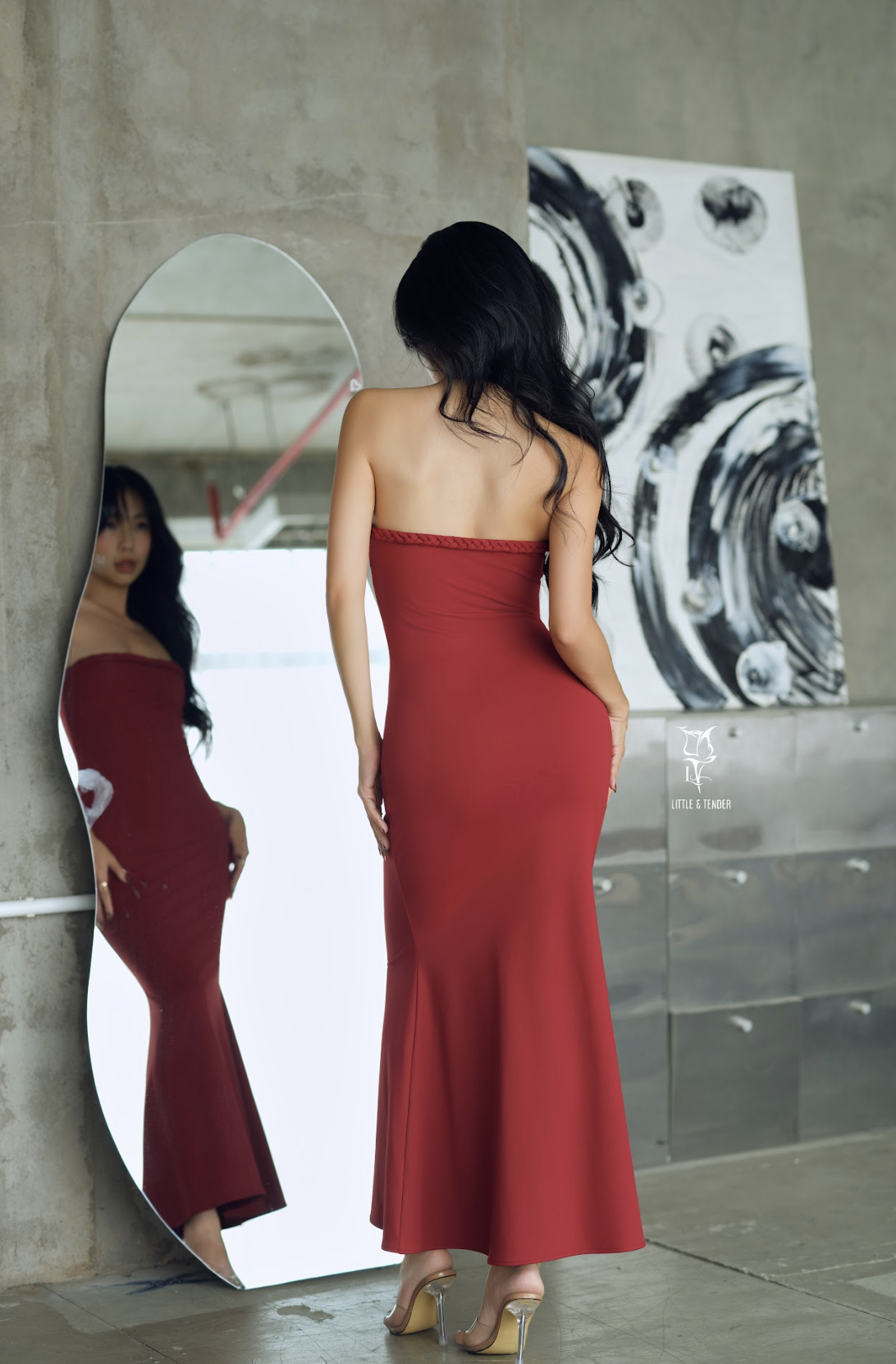 ELENA MIDI DRESS - Burgundy - ĐẦM CÚP NGỰC HỌA TIẾT DÁNG MAXI màu đỏ đô