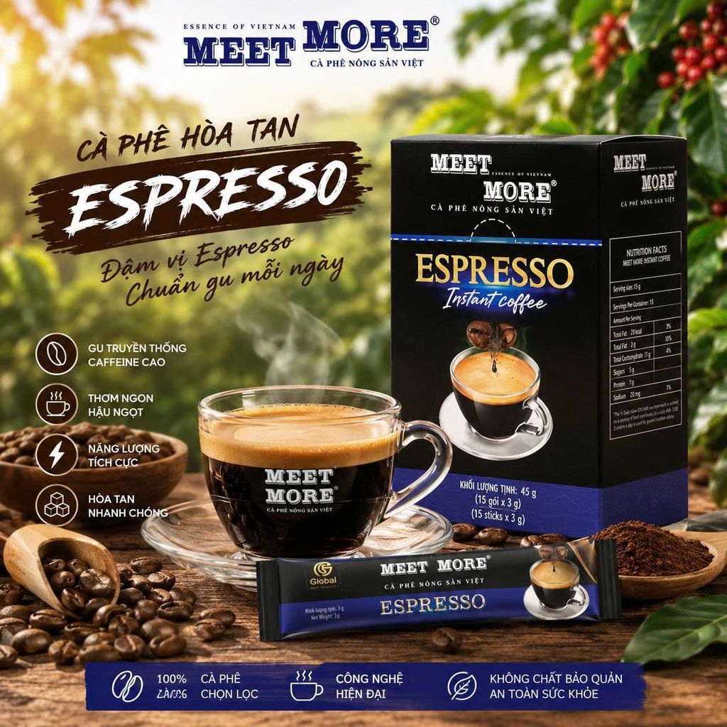 Hộp cà phê hòa tan espresso  Meet More (15 gói x 3g)