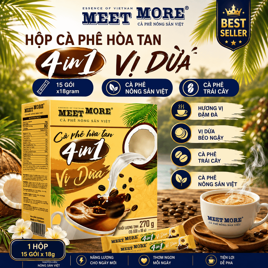 Hộp cà phê hòa tan vị dừa Meet More (15 gói x 18g)