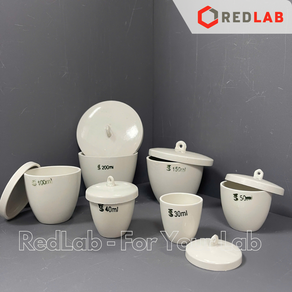 Chén nung sứ có nắp ONELAB Ø 30 40 50 100 200 300 ml, chịu nhiệt, dùng nung đốt mẫu thí nghiệm, có VAT