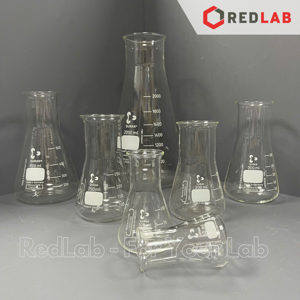 Bình tam giác cổ rộng DURAN Class A 50 100 200 250 300 500 1000 2000 ml, Wide neck Erlenmeyer, có VAT