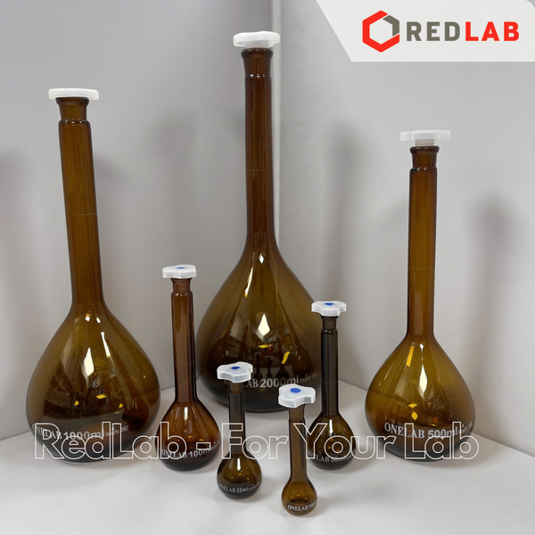 Bình định mức Nâu nút nhựa ONELAB 10 25 50 100 250 500 1000 2000 ml, dùng định mức mẫu thí nghiệm, có VAT